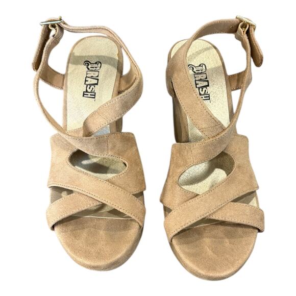 Brash‎ Women's Size 6 Tan Faux Suede Block Heel Open Toe Sandal Wedge - Picture 2 of 10